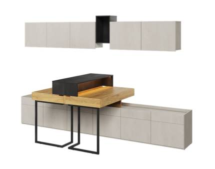 Set 2 birouri mici cu corpuri suspendate TEEN FLEX 04B 300x110x193cm cu 2 comode, sistem de iluminare LED