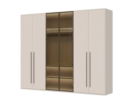 Dulap cu 6 usi cu usi balamale OPERA 272x224x56cm casmir/ sticla fumurie, manere maro