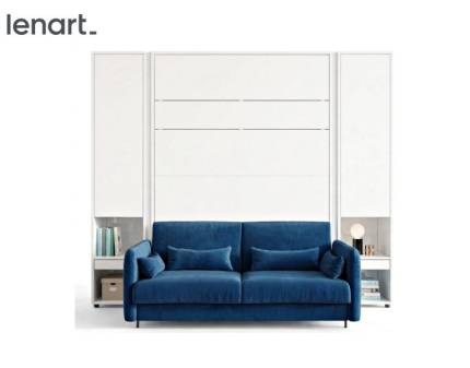 LENART BED CONCEPT set pat (160x200cm) rabatabil pe perete cu 2 dulapuri 261x45-228x218cm alb mat si canapea albastra 184x93cm 