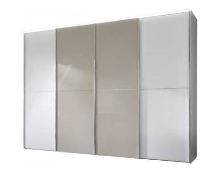 Dulap cu 4 usi glisante 373x240x68cm alb mat/ alb mat - sticla mocca, maner crom model 42 SINFONIE PLUS 
