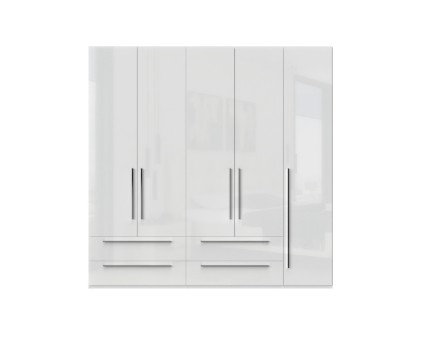 Dulap cu 5 usi si 4 sertare PIANO WHITE 227x224x56cm alb lucios, maner crom