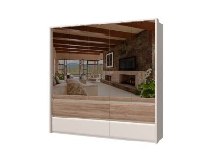 Dulap cu 5 usi cu balamale si 4 serare INVICTUS 232x226x60cm casmir/ stejar tabac - oglinda, rama passepartout cu LED