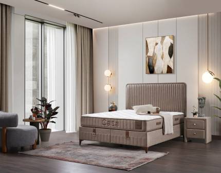 Pat tapitat cu saltea si spatiu pentru depozitare CASA (140x200cm) cappuccino 