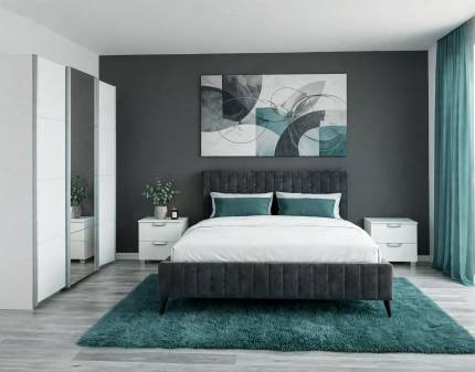 Set dormitor KULMBACH, ADITIO, MAGGIE SR cadru pat (180x200cm) catifea gri inchis, Kulmbach dulap 203x210x62cm alb alpin/oglinda, Aditio set 2 noptiere alb alpin