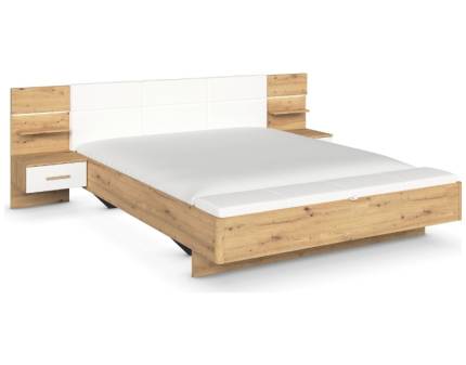 Cadru pat cu noptiere cu led incorporate MOSBACH (180x200cm) stejar Artisan/ alb alpin + ecopiele
