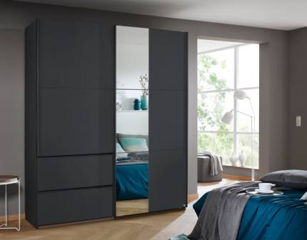 Dulap cu usi glisante si sertare SEVILLA 175x210x59cm gri metalic/ oglinda, maner gri metalic