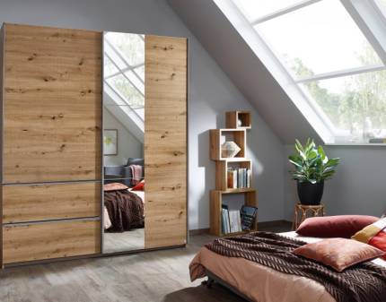 Dulap cu usi glisante si sertare SEVILLA 175x210x59cm stejar artisan/ oglinda, maner aluminiu