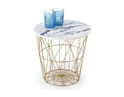 Masuta HARISSA G WHITE cu spatiu pentru depozitare vizibil, din MDF furniruit cu efect de marmura alba, metal auriu 42xH41cm