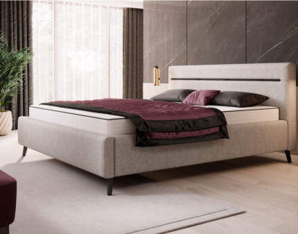 Pat tapitat cu somiera si spatiu pentru depozitare VUELTA (140x200cm) catifea cream, picioare negre