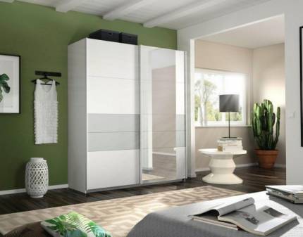 Dulap cu usi glisante BOSTON EXTRA 181x210x62cm alb alpin/ silk grey - oglinda, maner aluminiu