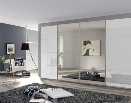 Dulap cu usi glisante SYNCRONO 361x230x62cm alb alpin/ sticla alba - oglinda configurabil