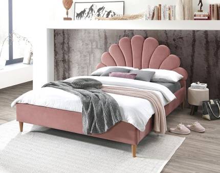 Pat tapitat cu somiera SANTANA VELVET (160x200cm) catifea somon pink, picioare nuanta lemnului